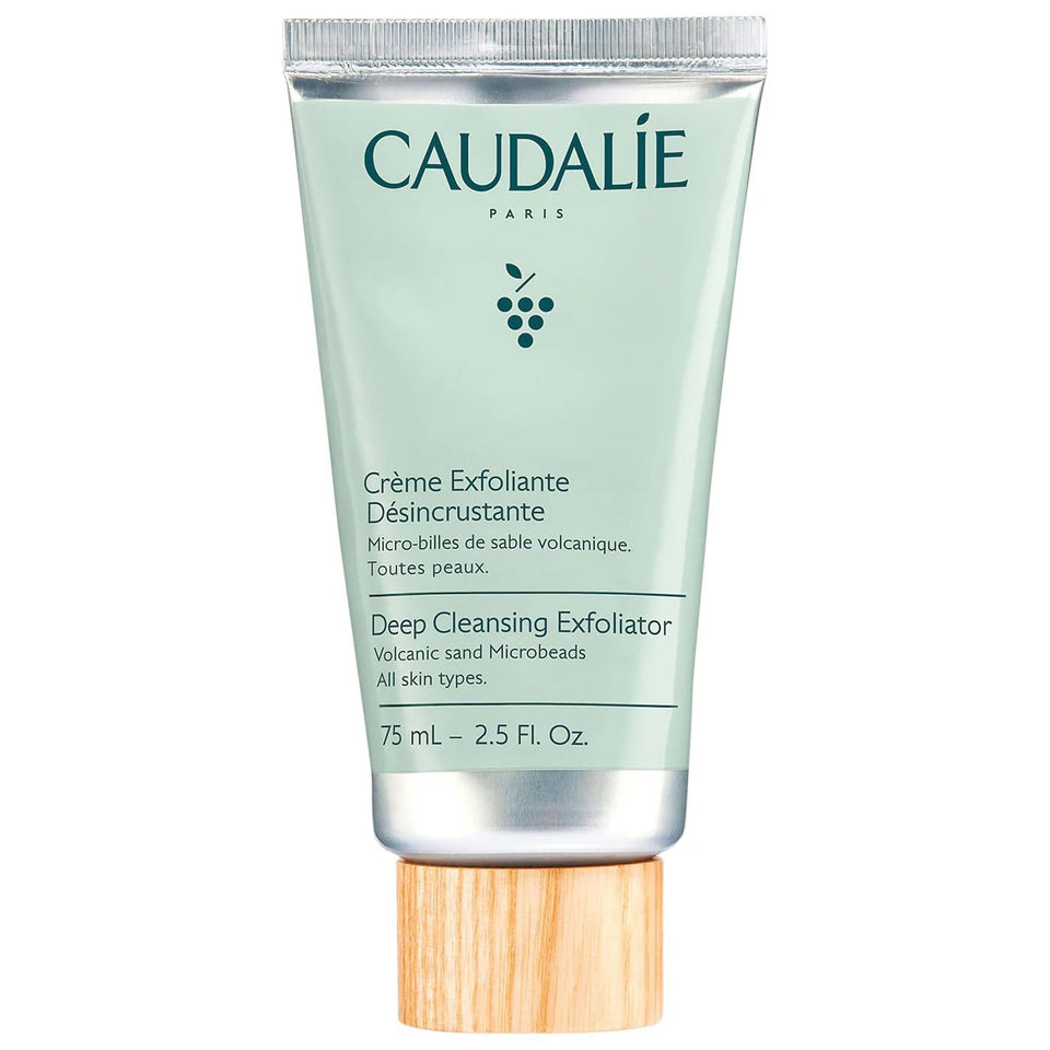 Caudalie Vinoclean Deep Cleansing Exfoliator bottle showing gentle exfoliation and refined texture