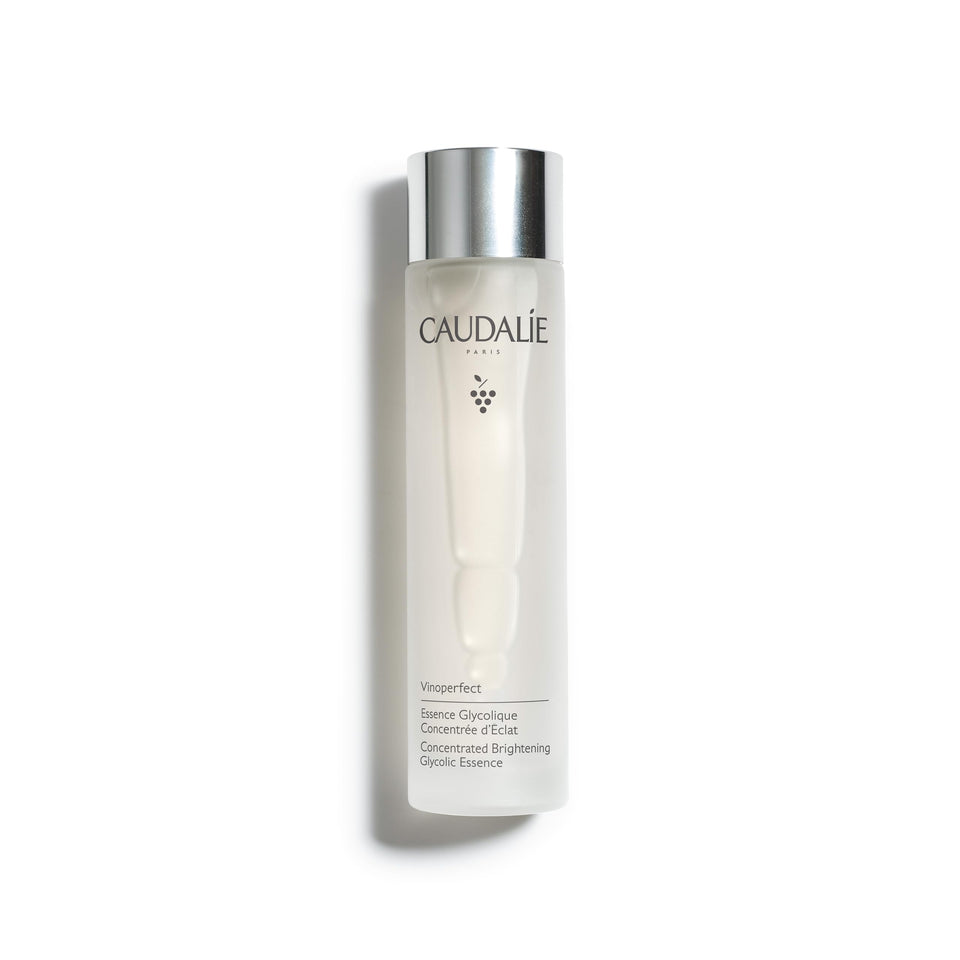 Caudalie Vinoperfect Brightening Essence bottle shown as a first-step treatment for radiant skin.