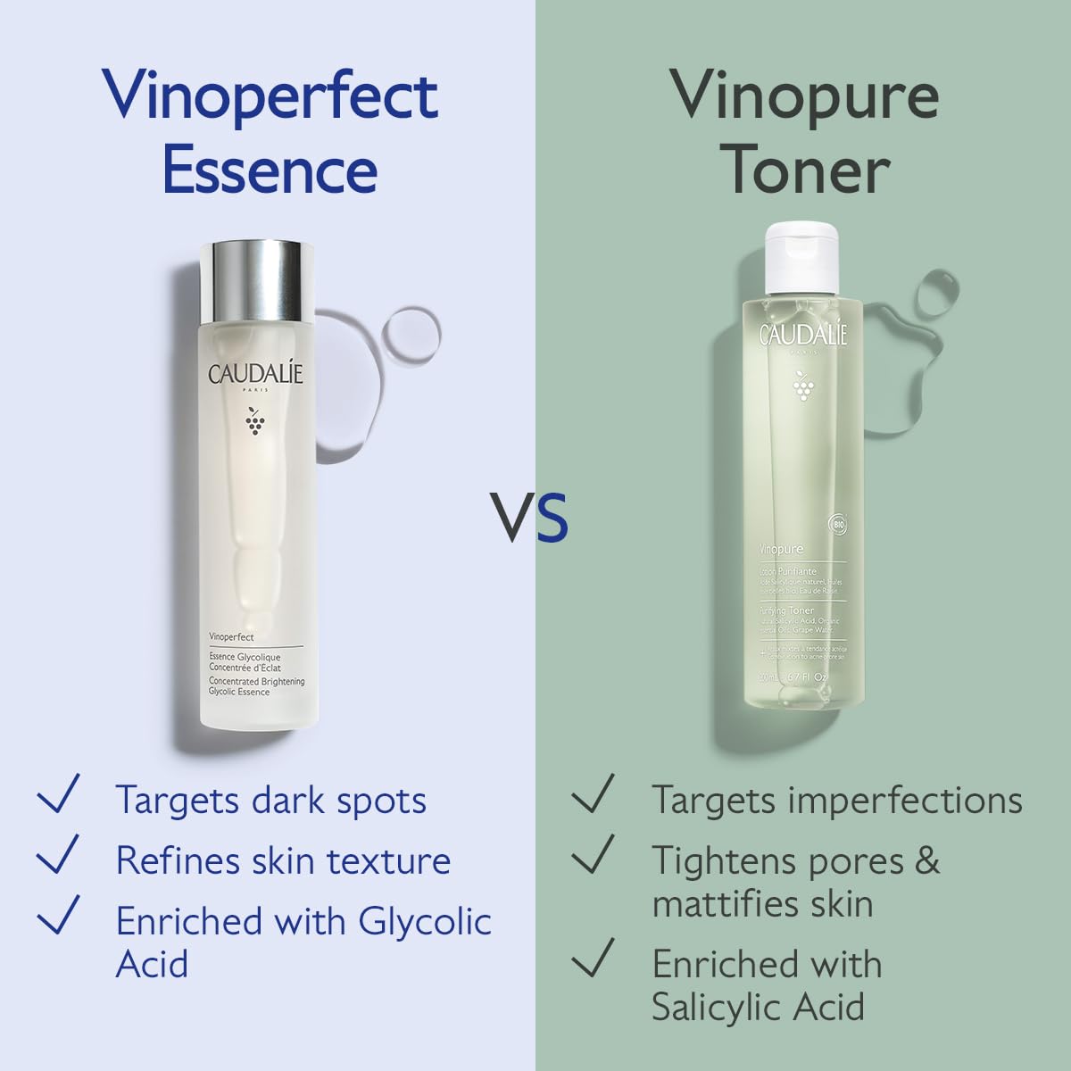 White peony and grape water elements in Vinoperfect Brightening Essence for brightening and hydrating.