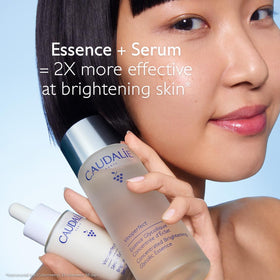 Morning skincare ritual featuring Caudalie brightening essence.