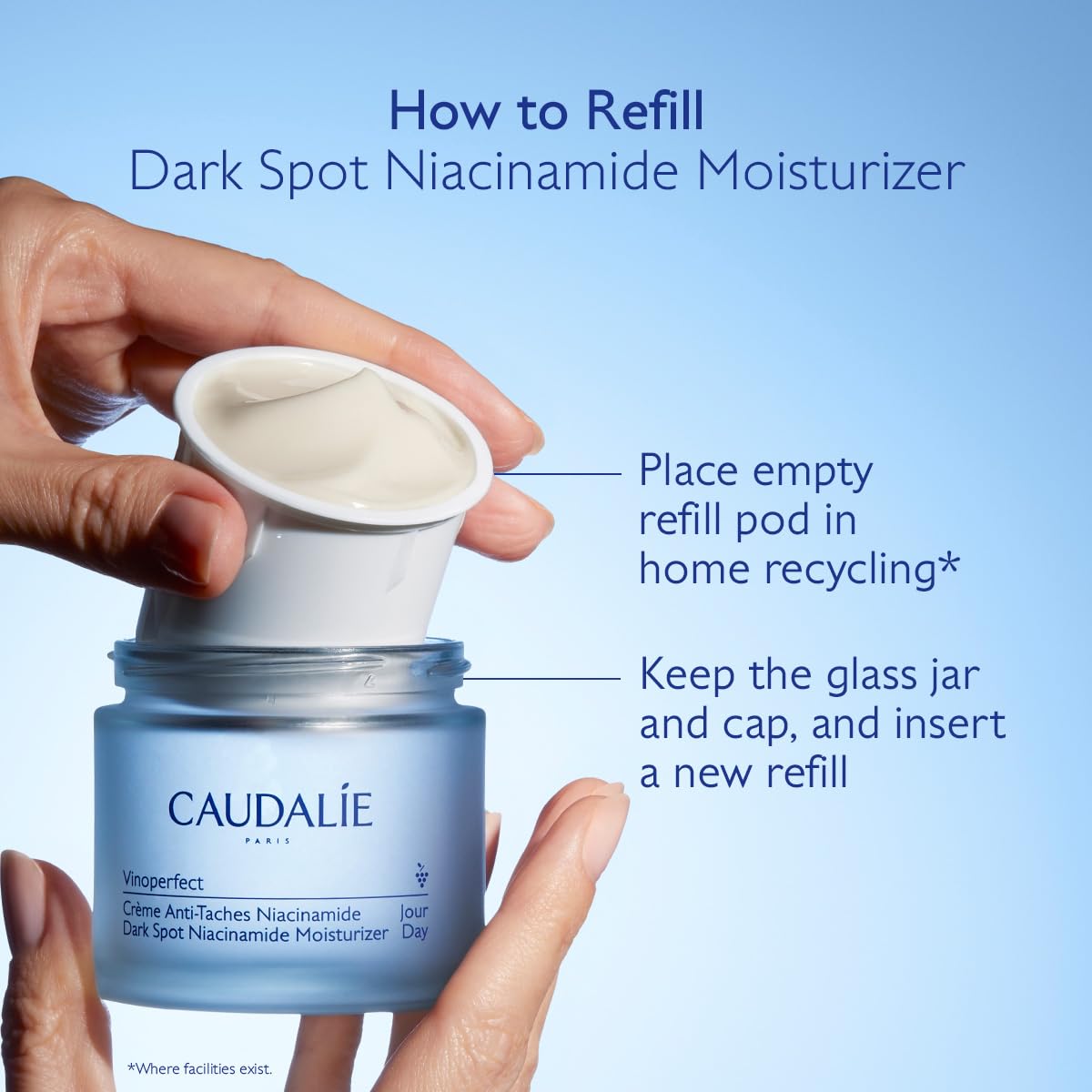 Caudalie Vinoperfect eco-friendly refill system on display.