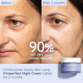 Caudalie Vinoperfect night cream texture on skin demonstrates smoothing and gentle exfoliation