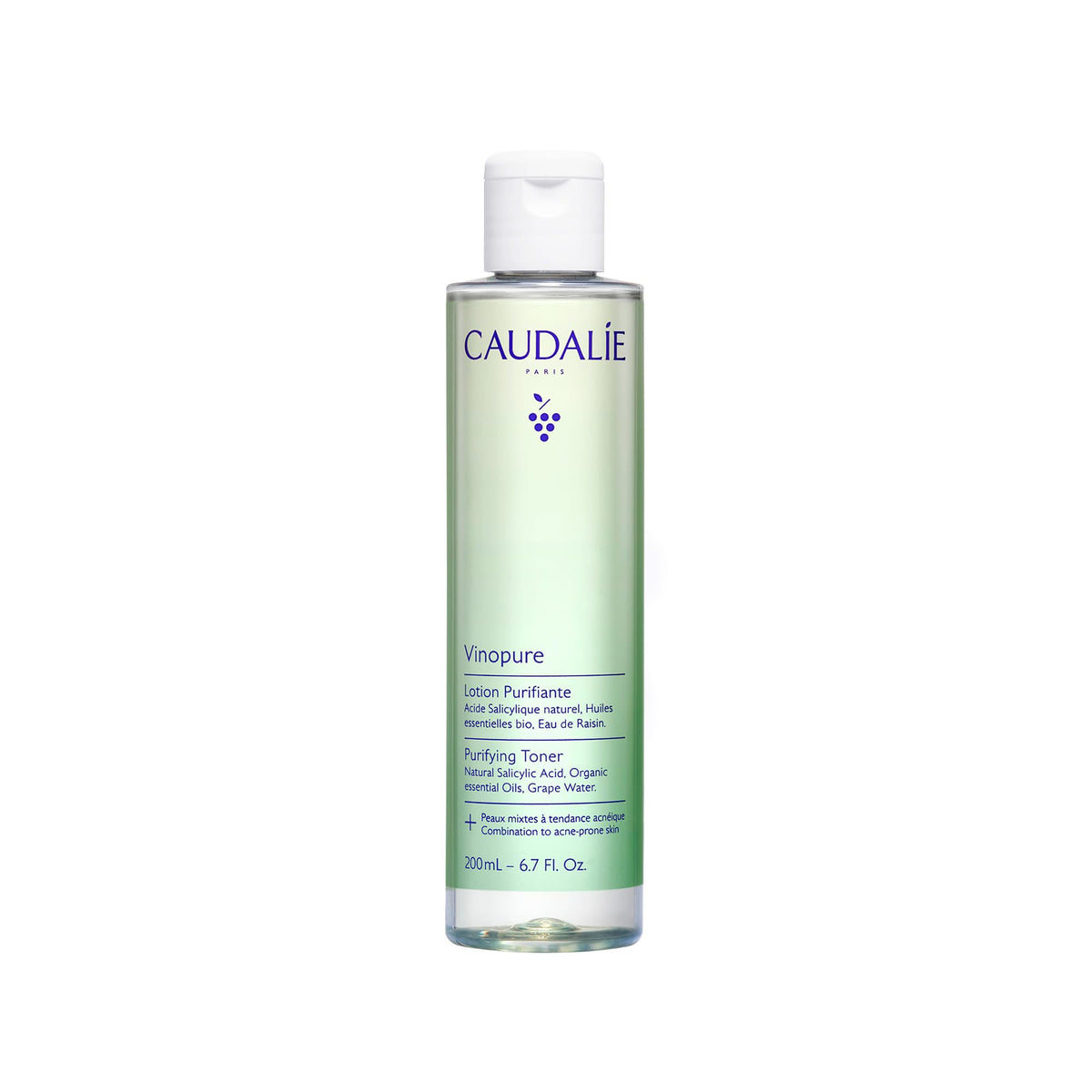Caudalie Vinopure toner bottle close-up showing purifying action on pores.