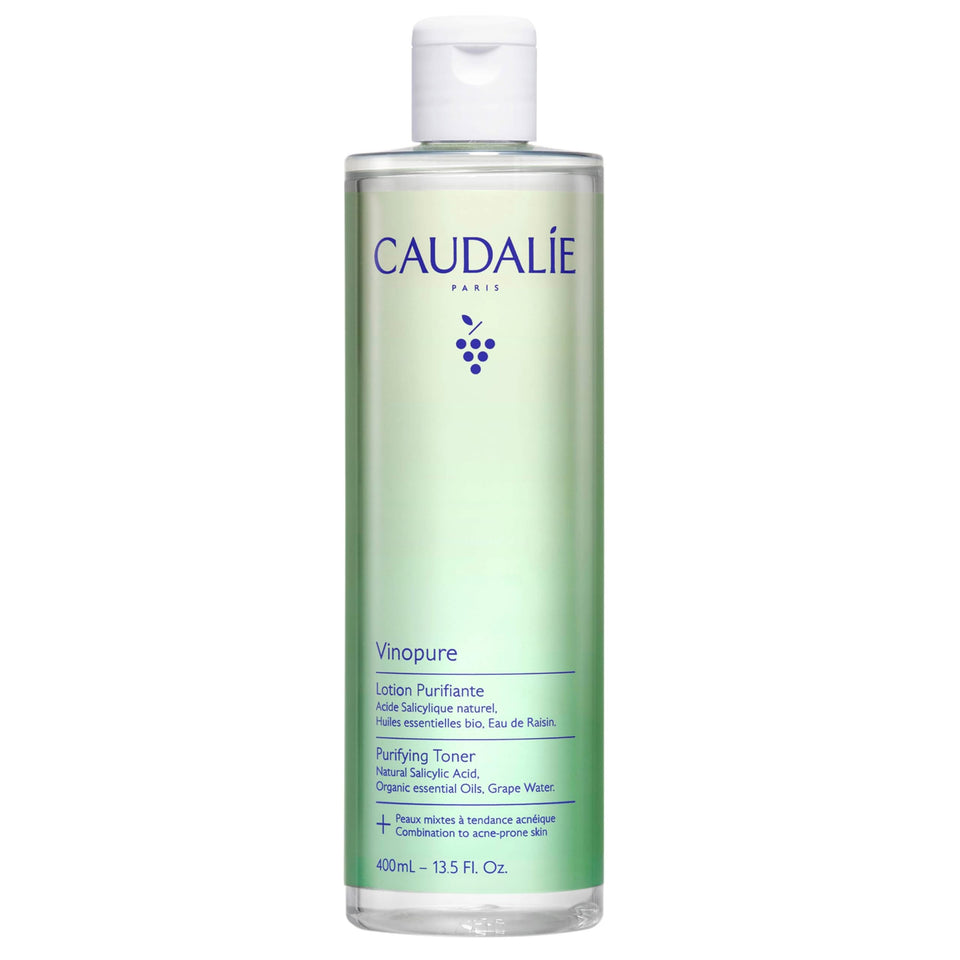 Caudalie Vinopure toner bottle close-up showing purifying action for refined pores
