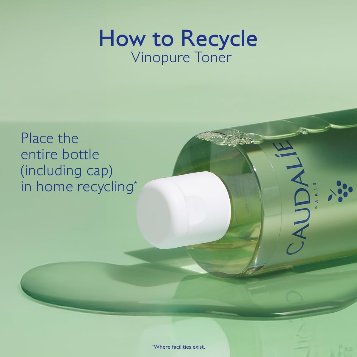 Caudalie Vinopure toner on bathroom shelf with other Caudalie products.