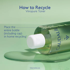 Caudalie Vinopure toner on bathroom shelf with other Caudalie products.