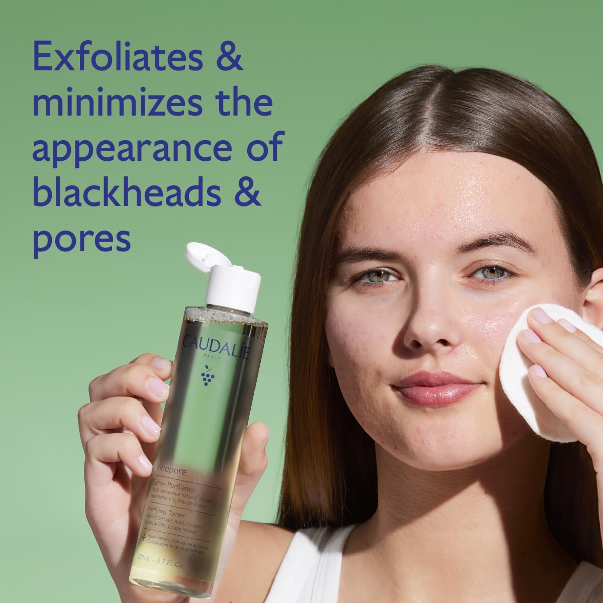Caudalie Vinopure toner applied with cotton pad for gentle exfoliation.