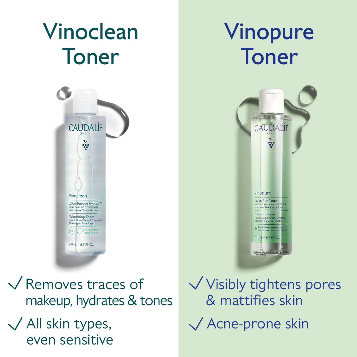 Caudalie Vinopure toner bottle highlights hydration from grape water.