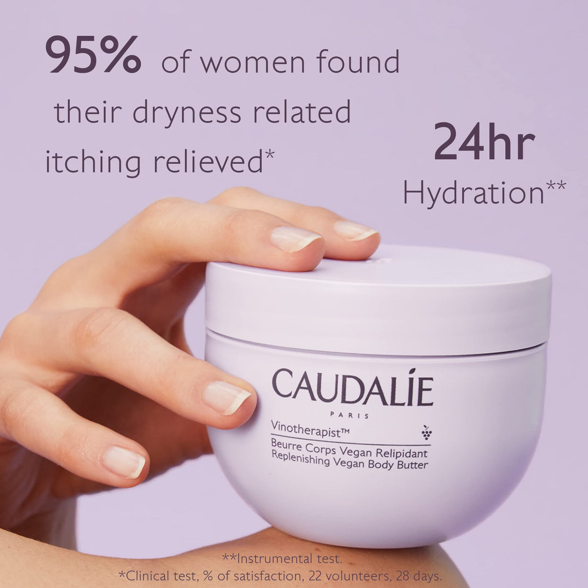 Caudalie Vinotherapist vegan body butter bottle highlights the 250 ml packaging.