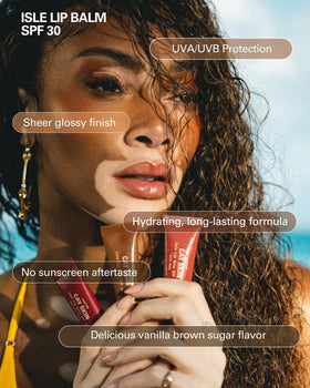 Cay Skin Isle Lip Balm SPF30 vanilla brown sugar flavor provides moisture and subtle tint.