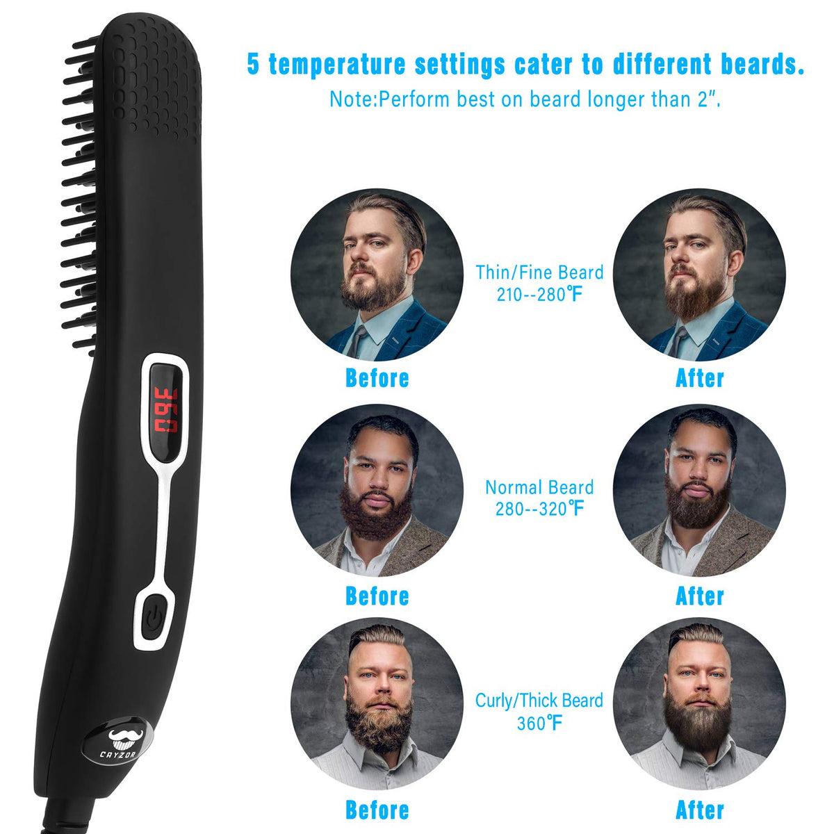 Cayzor Beard Straightener Comb LCD display highlights precise temperature control