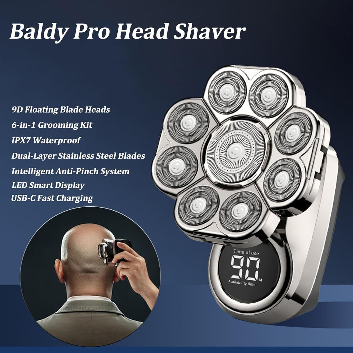 CBDYWVR Bawldy Pro head shaver with attachments display for versatile grooming.
