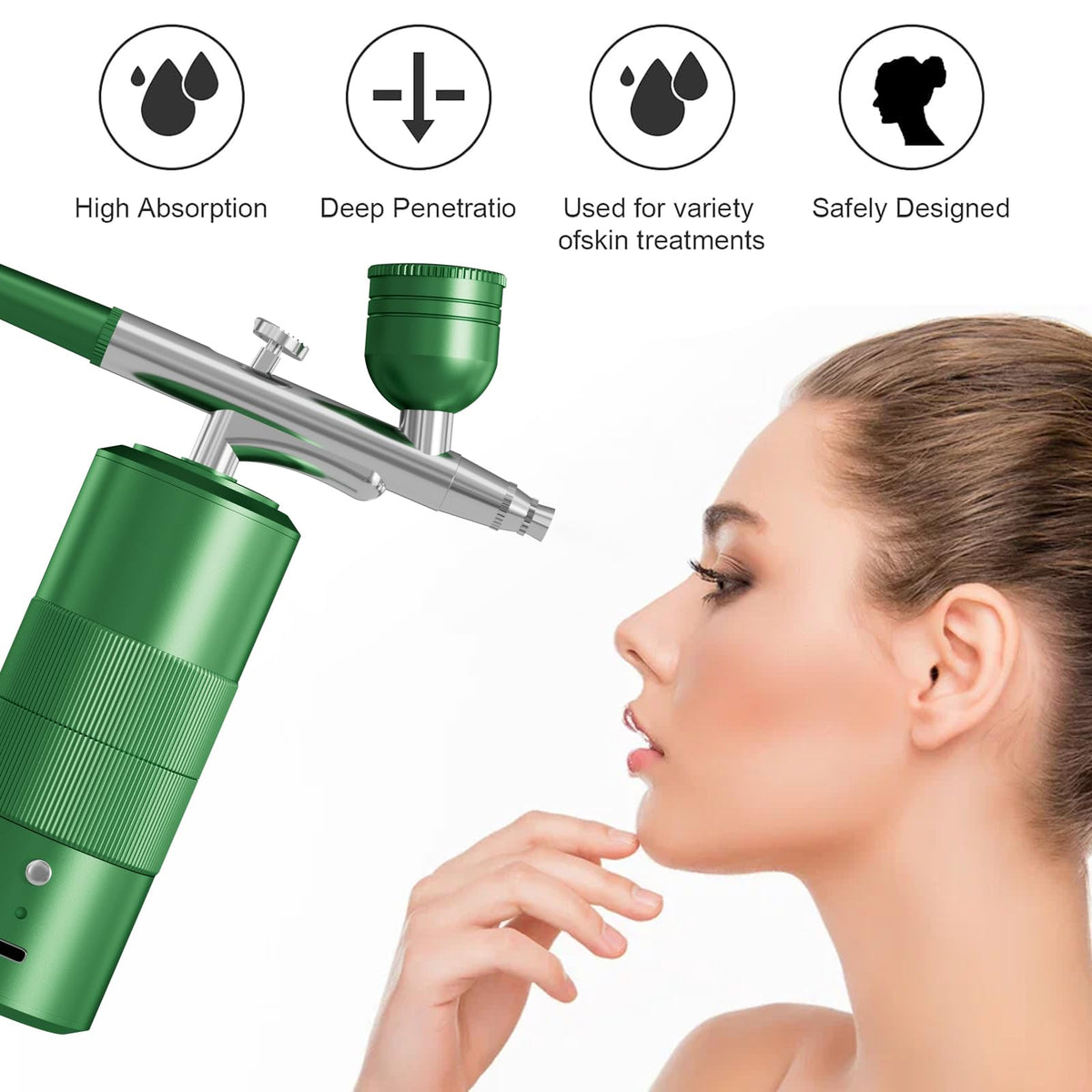 CBVCBV handheld airbrush in green, ready for precise nail art and makeup applications.