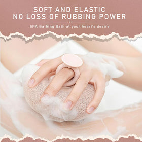 Cecurpo 2-in-1 sunflower bath ball highlighting lather and exfoliation.