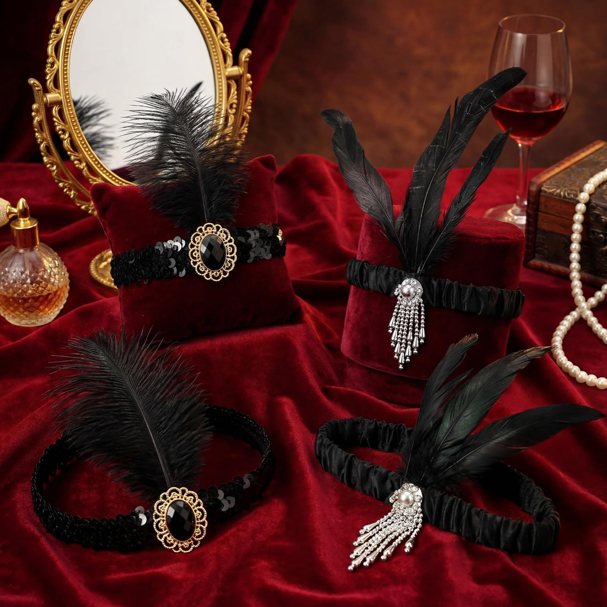 Ceenna black feather headband close-up shows vibrant plumes
