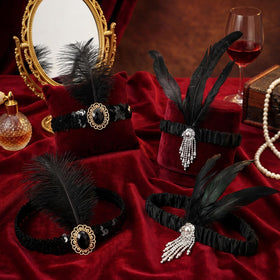 Ceenna black feather headband close-up shows vibrant plumes