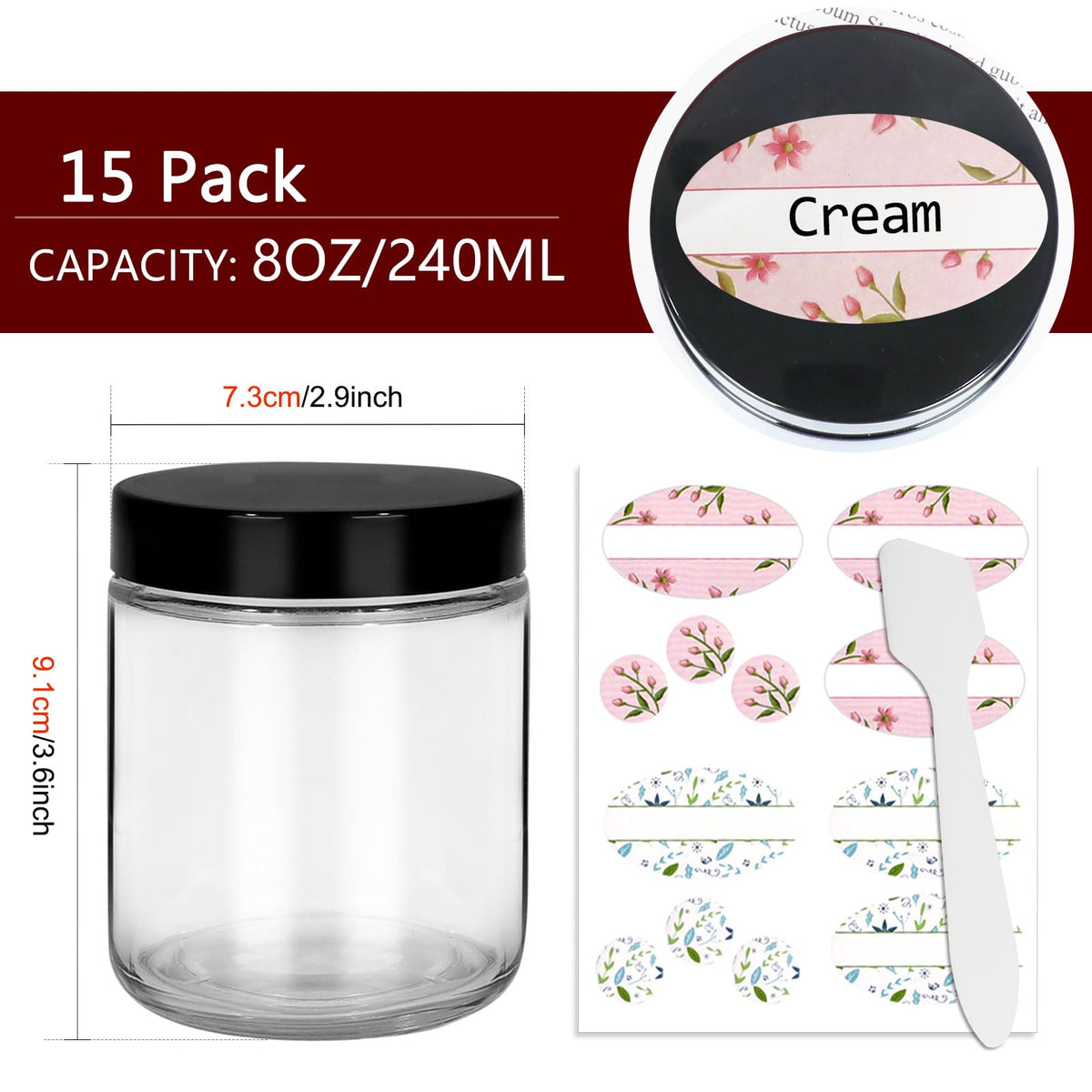 Cehomi 8oz clear glass jar with black lid, top view, easy labeling.