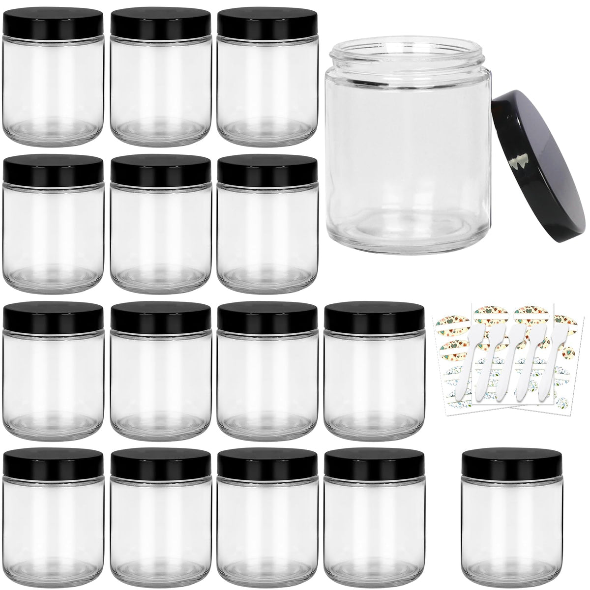 Cehomi 8oz clear glass jar with black lid, front view for candles or storage.