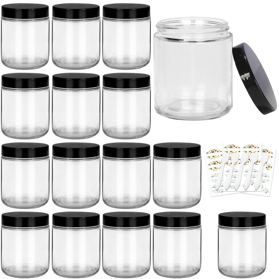 Cehomi 8oz clear glass jar with black lid, front view for candles or storage.
