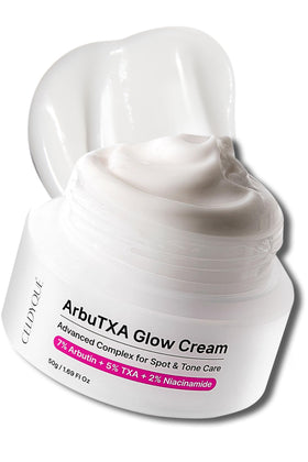 CELDYQUE Arbutin 7% cream bottle; potential for a more even skin tone
