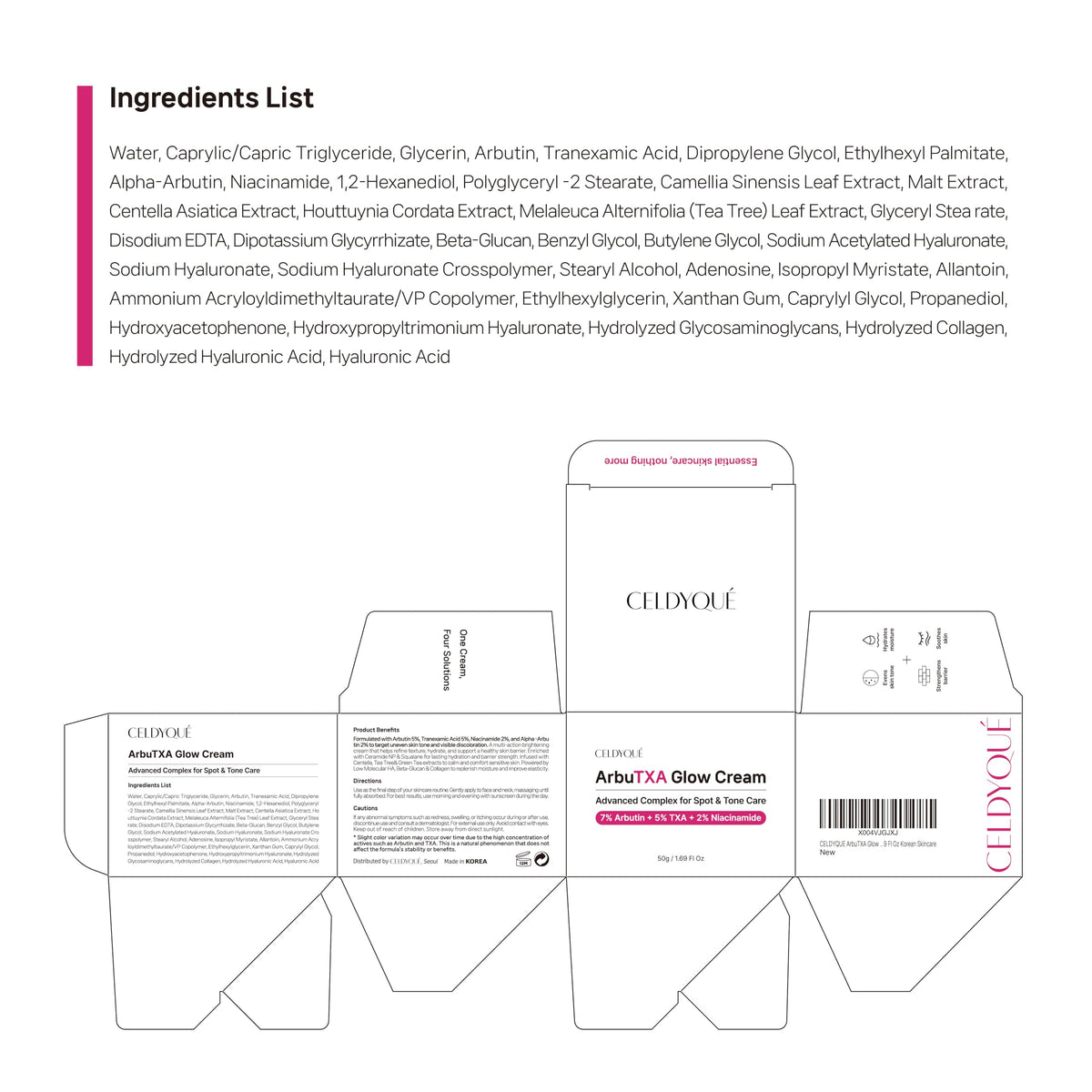 Premium CELDYQUE packaging front view reflecting Korean skincare quality