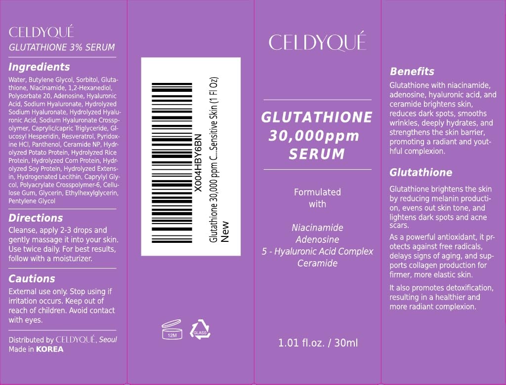 Label on CELDYQUE Glow Serum highlights 30,000 ppm glutathione for brightness.