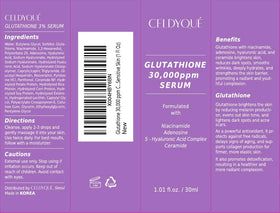 Label on CELDYQUE Glow Serum highlights 30,000 ppm glutathione for brightness.