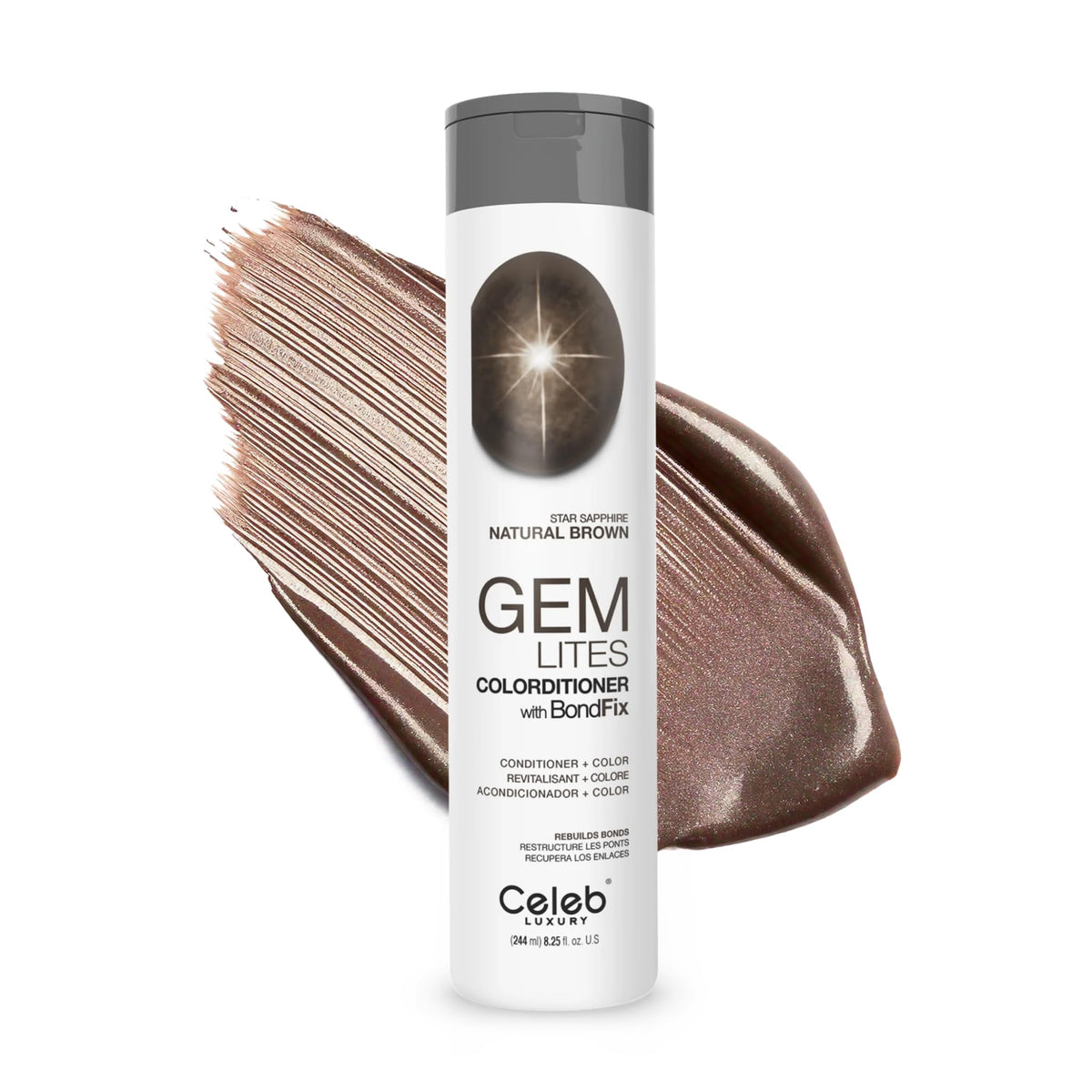 Celeb Luxury Gem Lites Colorwash bottle—color-refreshing conditioner for vibrant medium brown tones.
