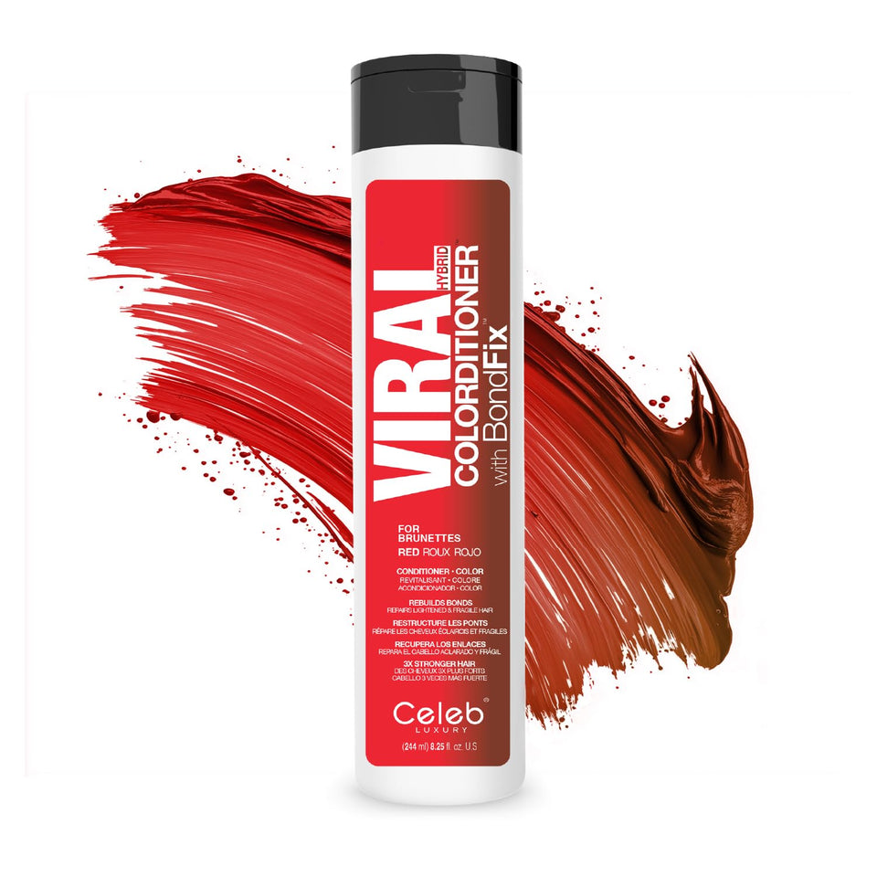 Celeb Luxury Viral Red Conditioner bottle showing color deposit for brunettes.