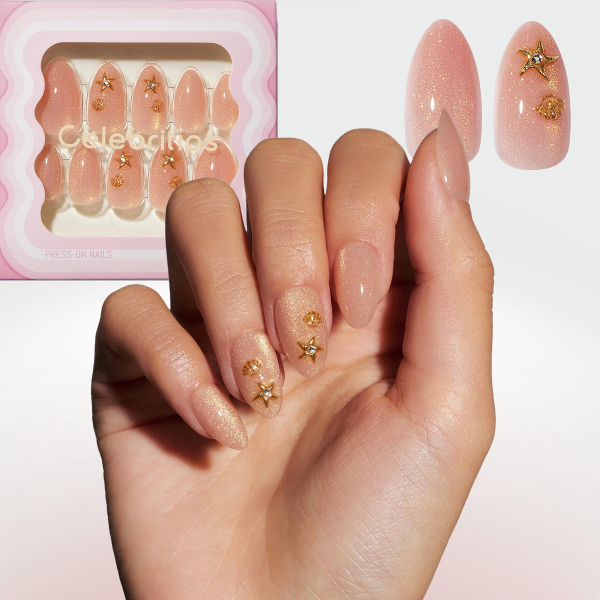 Celebritips Nail Art Press-Ons Short Almond with Golden Water Fairy design for elegant at-home wear