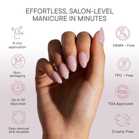 Builder-gel look achieved with Celebritips nails on natural hands.