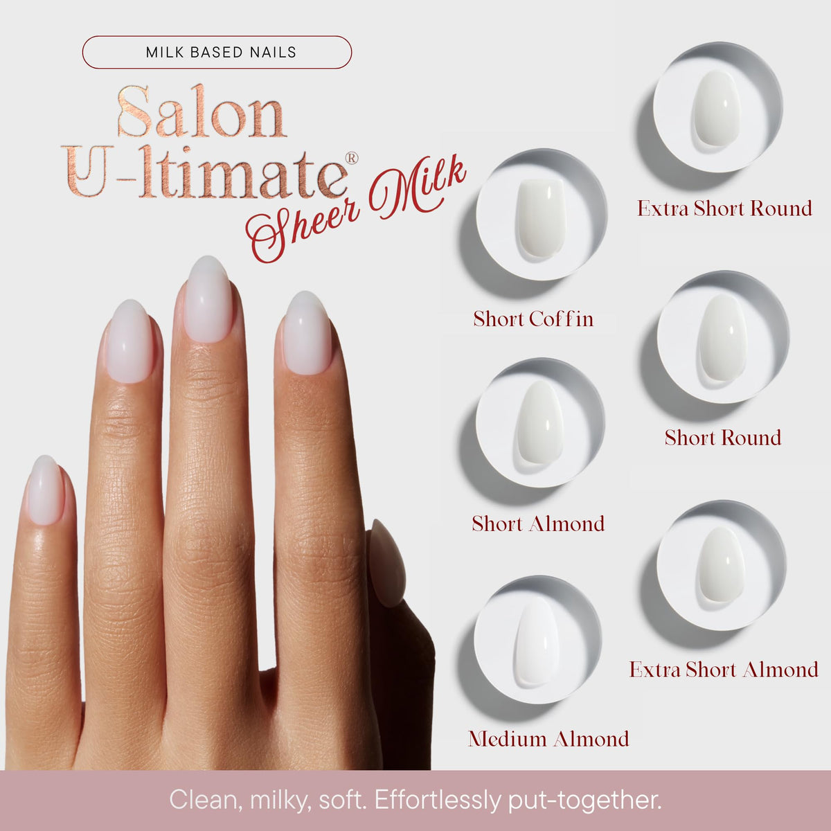 Celebritips Sheer Milk extra-short almond nails for quick, natural-looking wear.