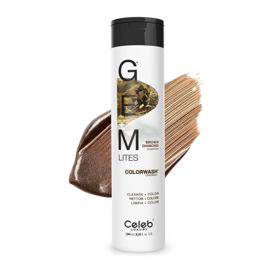 Celeb Luxury Gem Lites Colorwash bottle shot shows color-depositing action for brown tones