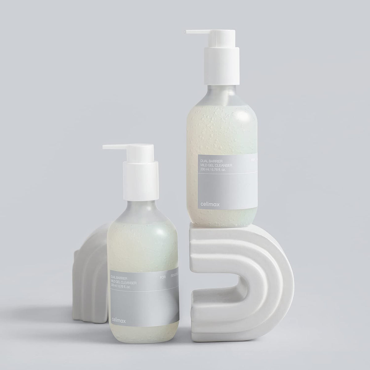 Bathroom scene with Celimax Dual Barrier cleanser applied for refreshed, hydrated skin.