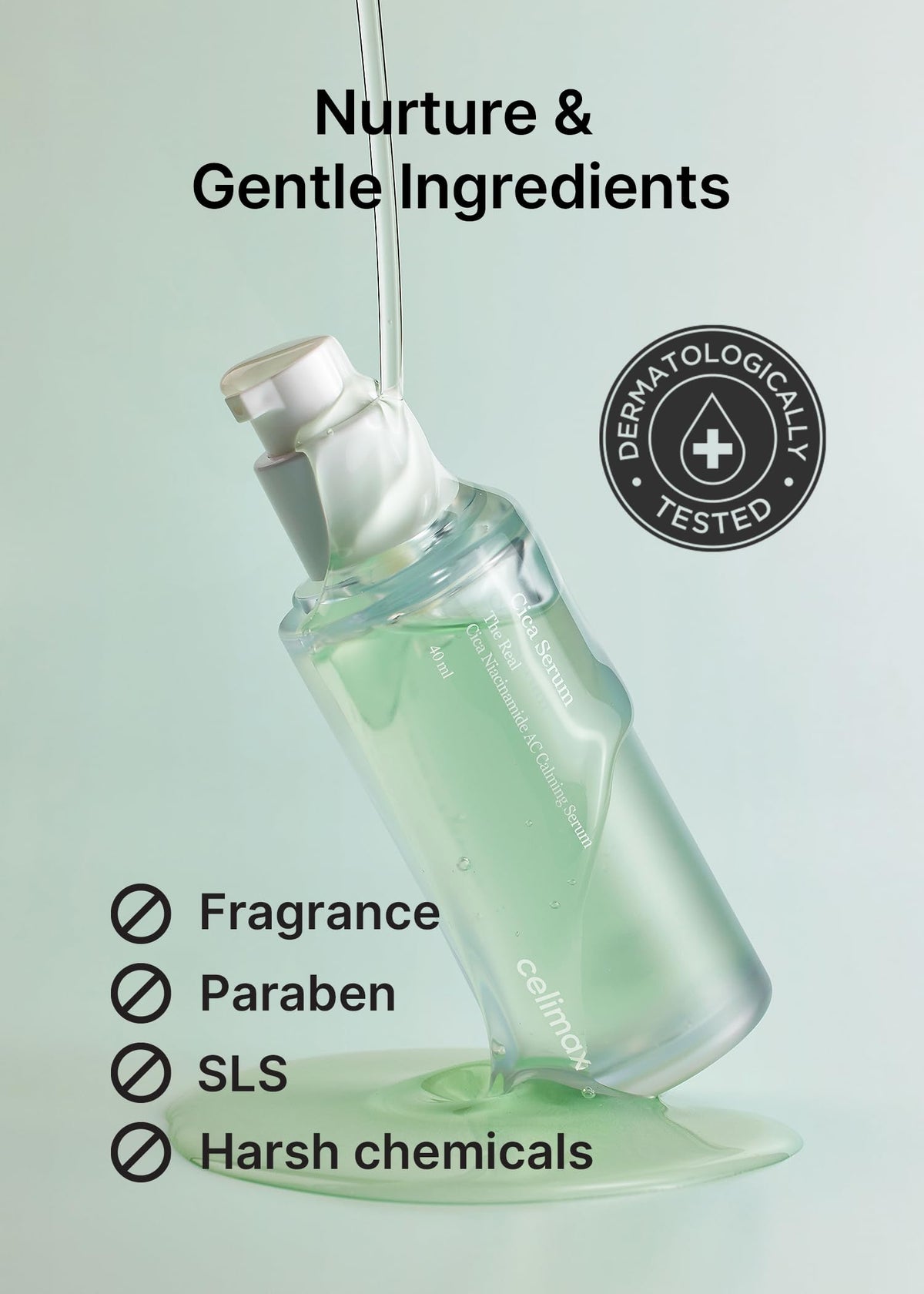 Closeup of Celimax serum absorbing quickly into skin for refreshing feel