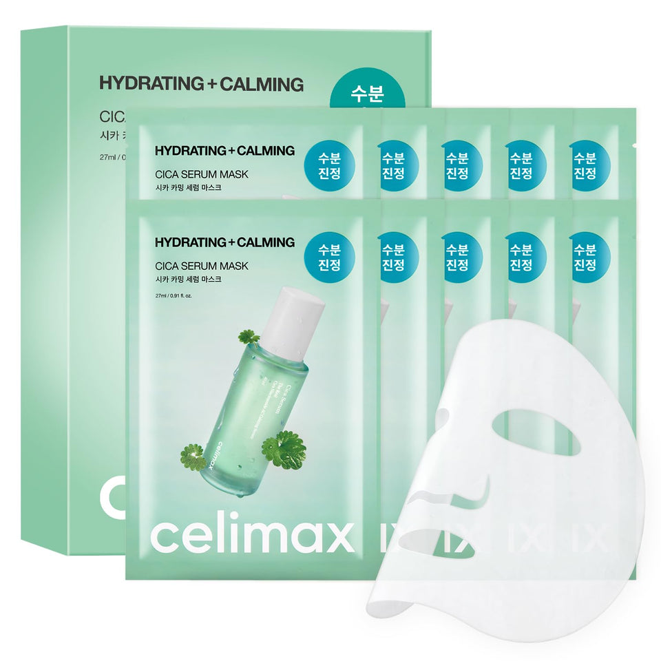 Celimax Real Cica Calming Serum Mask sheet hydrates and soothes the skin.