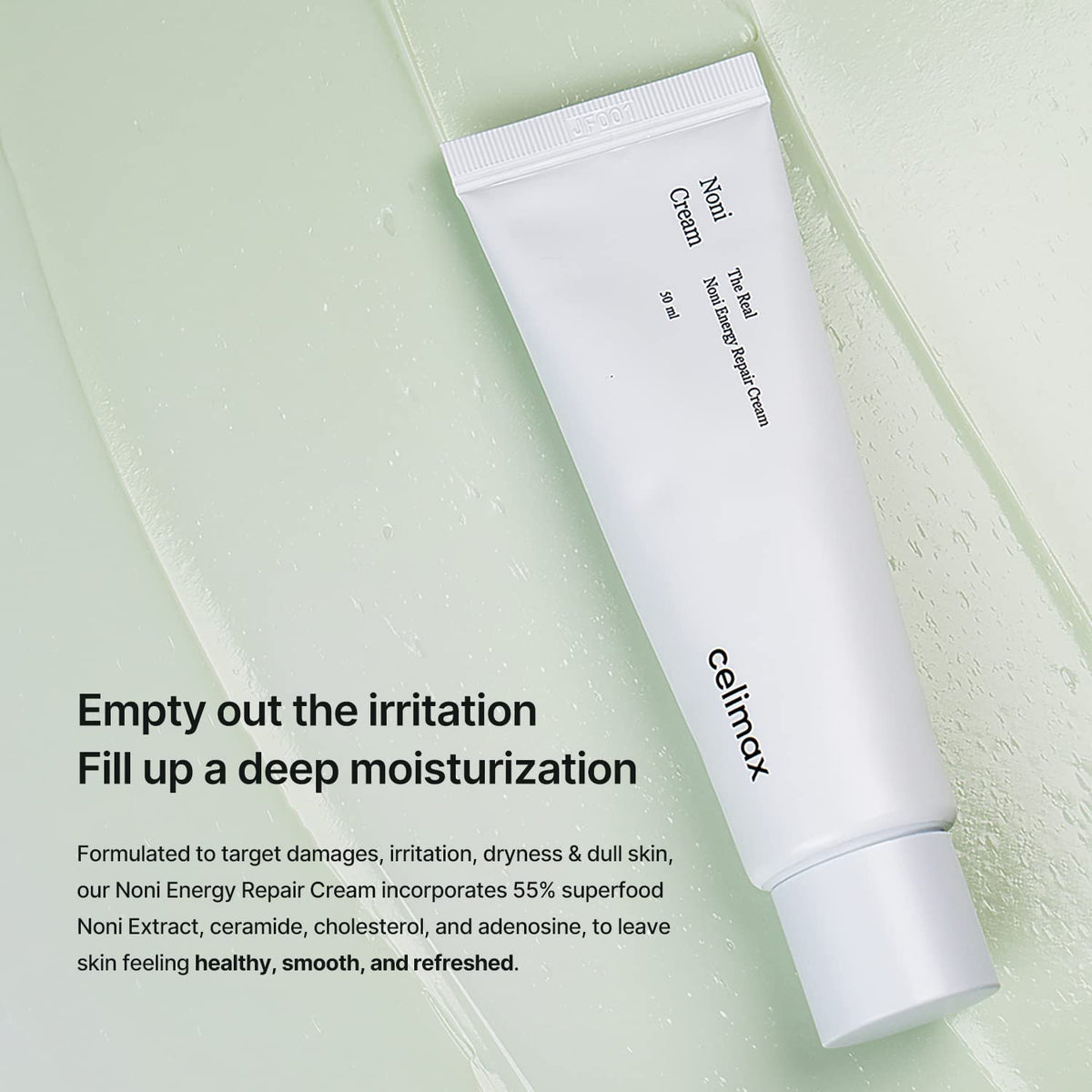 Celimax Real Noni Energy Repair Cream label front highlighting ceramide-rich hydration.