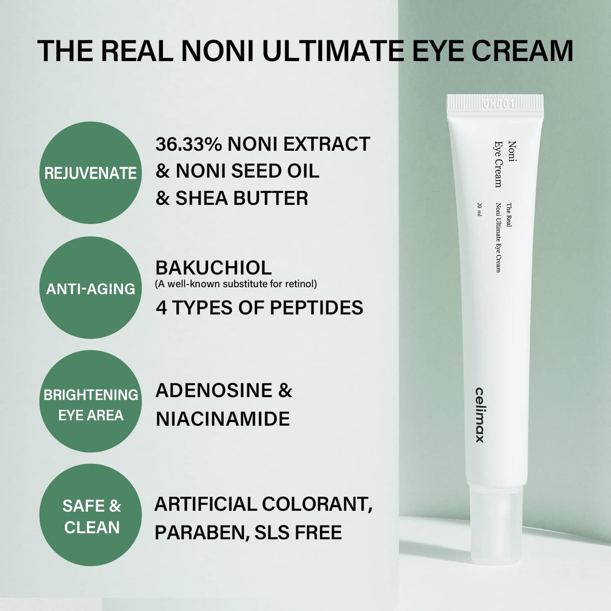 Celimax Real Noni Eye Cream packaging front showing clean, fragrance-free formula.