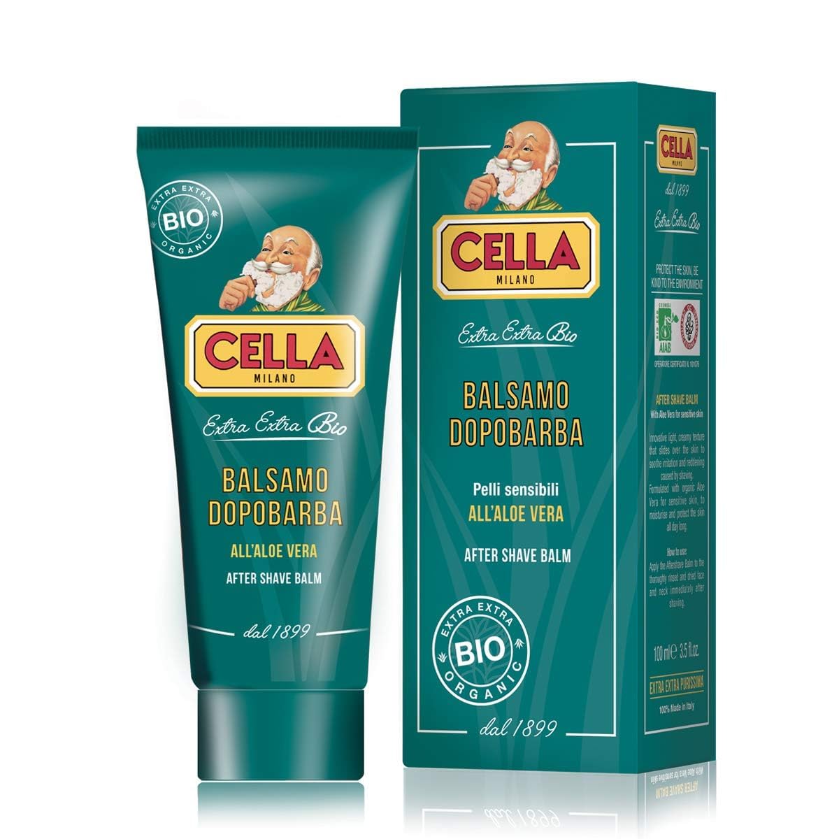 Cella Milano aftershave balm packaging showcasing Italian craftsmanship and calming hydration.