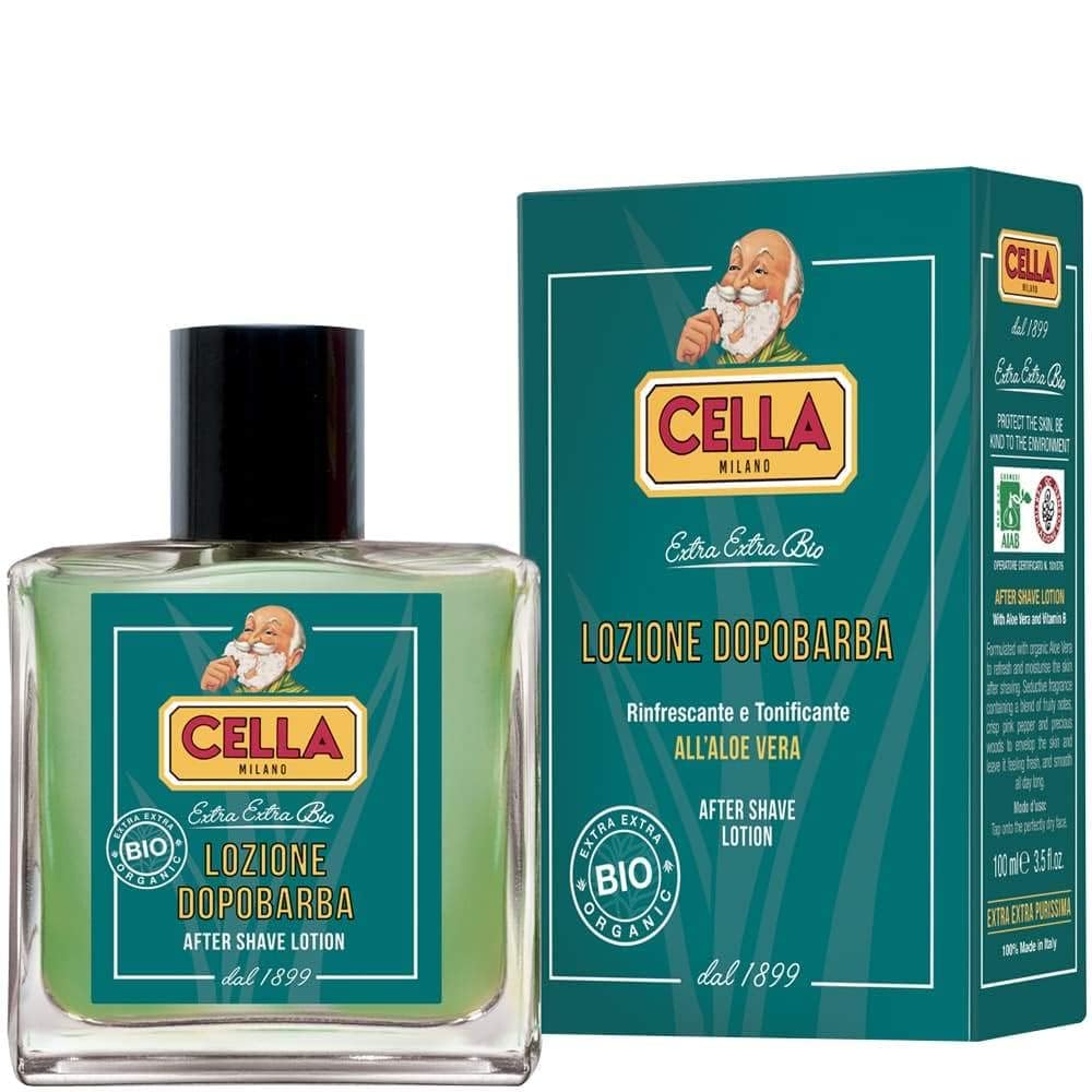 Cella Milano Aloe Vera After-Shave label highlights organic ingredients and Italian craftsmanship.