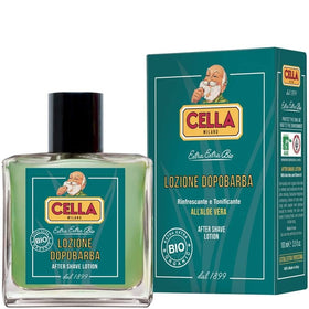 Cella Milano Aloe Vera After-Shave label highlights organic ingredients and Italian craftsmanship.