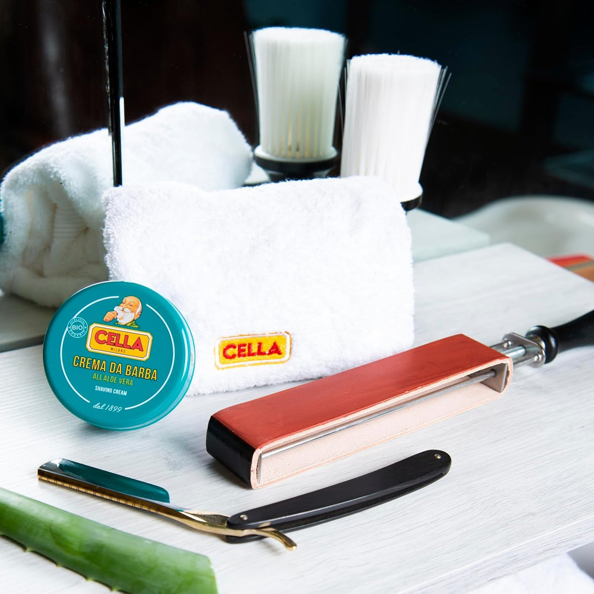 CELLA Milano Aloe Vera shaving cream soap anti-irritation formula softens skin during shaving