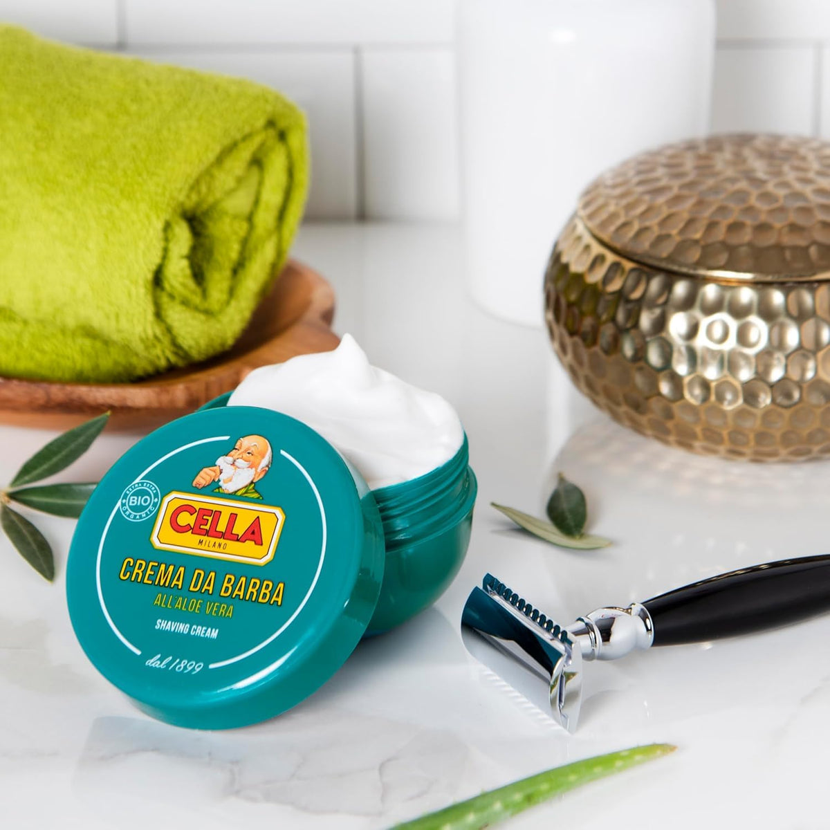 CELLA Milano Aloe Vera shaving cream soap made-in-italy label signals heritage and quality