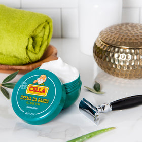 CELLA Milano Aloe Vera shaving cream soap made-in-italy label signals heritage and quality