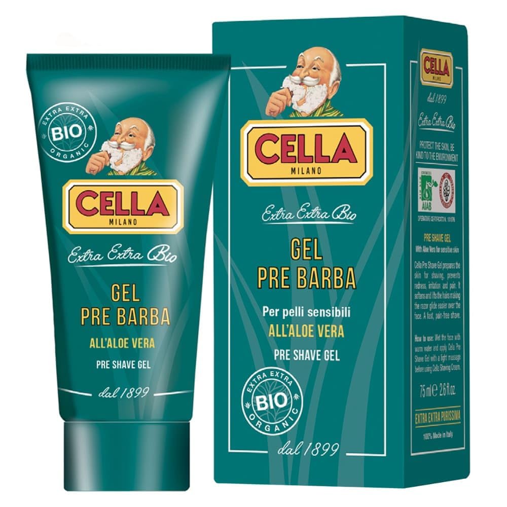 Cella Milano organic pre-shave gel bottle top view, premium packaging for sensitive skin and easy prep