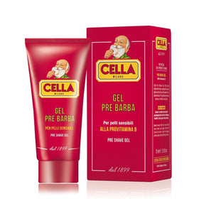 Cella Milano pre shave gel bottle with premium packaging and smooth glide.