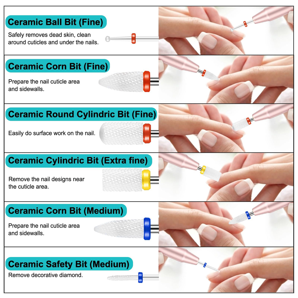 Cellentool ceramic bits variety enables smooth finishes across nails and cuticle prep.