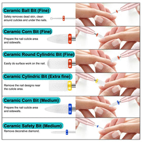 Cellentool ceramic bits variety enables smooth finishes across nails and cuticle prep.