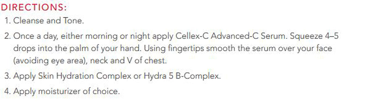 Cellex-C Advanced-C Serum application image highlights non-greasy texture on skin.