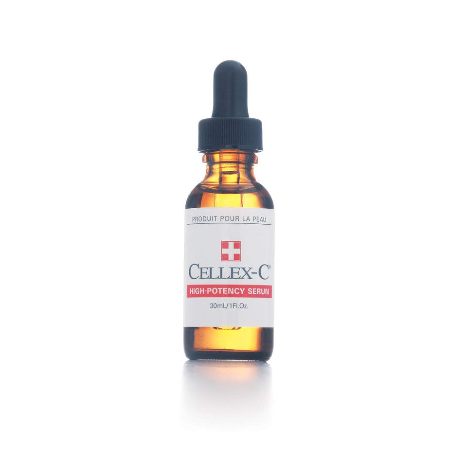 Cellex-C High Potency Serum bottle on a clean surface, oil-free formula for youthful-looking skin